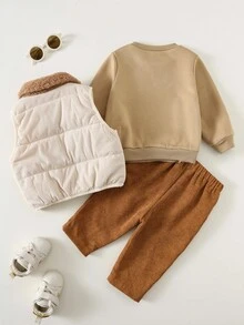 SHEIN 男婴可爱卡通图案三件套运动服，包括卫衣、运动裤和保暖背心外套，男女宝宝冬季服装，男婴冬季套装，男婴休闲套装，男婴灯芯绒套装，男婴小熊图案秋季套装