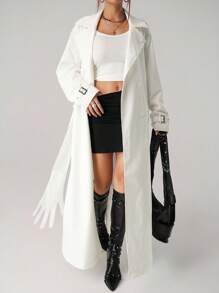 SHEIN ICON 长款前开掌装饰腰带女式风衣白色风衣秋冬女装 - 白色 - 查看 4