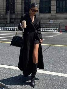 DAZY 女士纯色修身长袖翻领优雅休闲加厚外套，秋冬款 - 黑色 - 查看 4