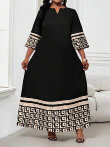 SHEIN Lady CURVE 春夏秋冬大码缺口V领梭织黑色宽袖经典惠子条纹印花大码长袍连衣裙 - 彩色 - 查看 5