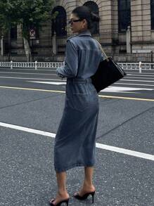 DAZY Đầm denim nữ cổ ve lật và có túi, đầm mùa thu. - Màu xanh lam - Xem 2