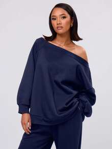 EURMUSE Loose Fit Asymmetrical Shoulder Sweatshirt Long Sleeve Tops - Navy Blue - View 1