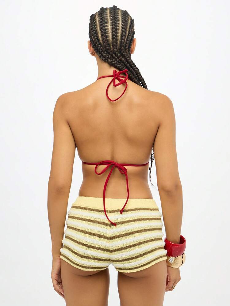 SUMWON Short en tissu éponge style rétro rayé pour l'été, plage, vacances, festival, fête de piscine. Short court en tissu éponge à taille haute, style hot pants