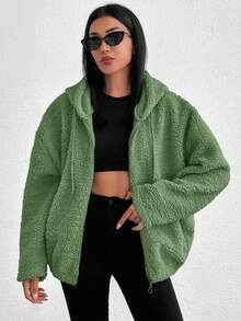 EURMUSE 100%Cotton Zip Up Drop Shoulder Hooded Teddy Jacket - Green - View 7