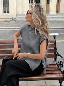 Serisse 休闲宽松女士针织毛衣背心，适合秋冬季日常穿着 - 灰色 - 查看 3