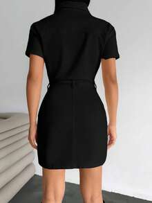 EURMUSE Mini Button And Belt Detailed Denim Dress - Black - View 2