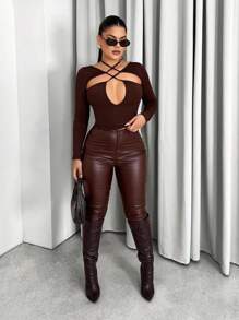 Sirith Women's Solid Color Criss-Cross Cutout Fitted T-Shirt Fall Cloth For Women - Brown - View 4