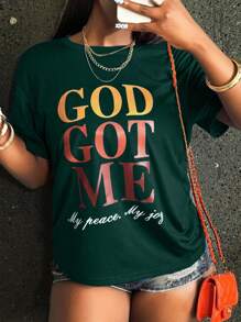 Rovax Áo thun tay ngắn cổ tròn in khẩu hiệu Chúa đã ban cho tôi sự bình an của tôi niềm vui của tôi Áo thun họa tiết dành cho nữ - Màu xanh lá cây đậm - Xem 5