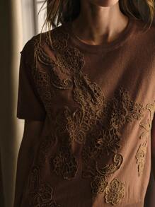 MOTF PREMIUM CONTRAST LACE EMBROIDERY PULLOVER KNIT TOP - Apricot - View 3