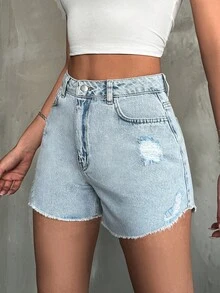 EURMUSE 女士磨損後的鬆繩牛仔短褲 - 淺色水洗藍 - 查看 6