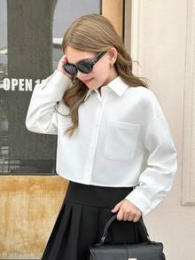 SHEIN Tween Girls' Loose Fit Solid Color Drop Shoulder Long Sleeve Cropped Casual Shirt With Pockets, Long Sleeve Top, Spring/Summer White Shirt For Teen Girls Long Sleeve Crop Top Teen Girls Girls Blouses Girls White Button Down Shirt Fall Winter - White - View 3