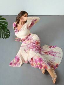 Firerie Plus Size Women's Asymmetrical Shoulder Long Sleeve Ruffle Sleeve Floral Print Fishtail Maxi Dress, Casual Vacation Party Dress, Spring/Autumn Floral Long Dress Flower Dress Woman Bohemian Dresses For Women Orchid Dress Resort Wear Women,Fall Clothes For Women