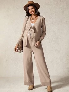 Boho Mama Maternity Solid Color Long Sleeve Knotted Front Cardigan And Knit Pants Casual Suit - Brown - View 4