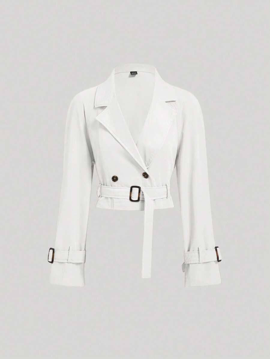 SHEIN MOD 女式白色短款休闲宽松夹克（配腰带）、秋季外套、秋季大衣、秋装、巡航女装、返校装 - 白色 - 查看 1