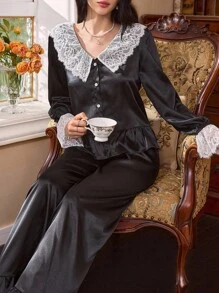 Côtesoire 法式宫廷风女士黑色缎面撞色蕾丝睡衣套装，秋季服装 - 黑色 - 查看 4