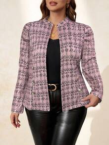 Chikora 大码女式金属扣装饰粗花呢纹理夹克，优雅百搭，适合日常休闲、商务、通勤、秋冬季穿着。