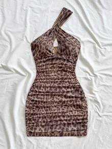 Soleia 女士性感度假不对称褶皱紧身迷你连衣裙，适合派对、圣诞节、约会、夜总会、海滩、游轮、下午茶、波西米亚风、波西米亚风、度假、秋季 - 棕色 - 查看 3