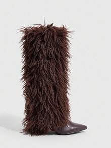 CUCCOO SZL 全新欧美时尚女式仿皮毛细高跟中筒/及膝靴 - 咖啡棕 - 查看 4