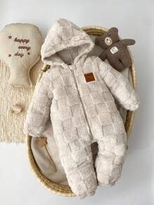 SHEIN Newborn Baby Boys & Girls Cute Bear Hooded Fleece Jumpsuit, Autumn/Winter Baby Coat Jumpsuit Winter Baby Clothes Newborn Winter Jumpsuit Warm Baby Jumpsuit Fleece Baby Jumpsuit Fall - Apricot - View 4