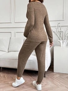 SHEIN Fall Clothes,Autumn Clothes,Maternity Autumn Clothes Maternity Maternity2pcs Maternity Long Sleeve Top And Pants Breastfeeding Set - Camel - View 2