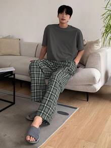 DAZY Quần kẻ caro xám và áo phông nam phù hợp với trang phục thường ngày ở nhà, đồ ngủ xuân/hè - Màu xám đen - Xem 5