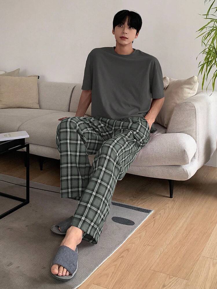 Men's Grey Plaid Pants And T-Shirt Matching Casual Home Outfit, Spring/Summer Pajama