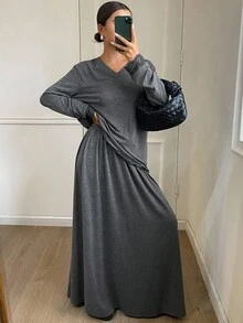 Livesso Set de 2 piezas Conjunto informal y holgado de estilo urbano gris, Conjunto de salón de otoño/invierno para mujeres - Gris - Ver 3