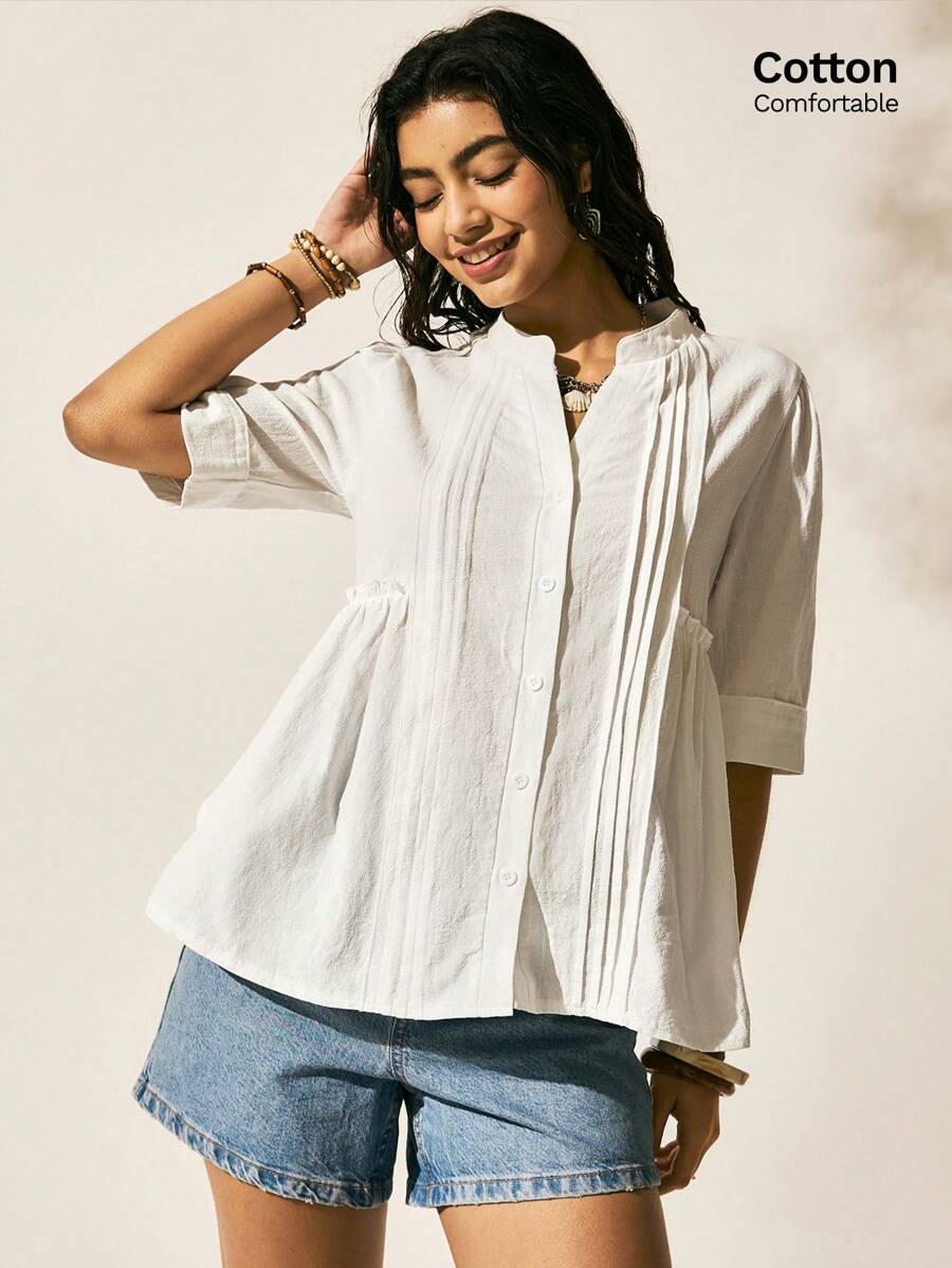 Easelle 女式 2025 夏季纯色假日风格户外白色纯色假日户外场景衬衫，休闲上衣 - 白色 - 查看 1