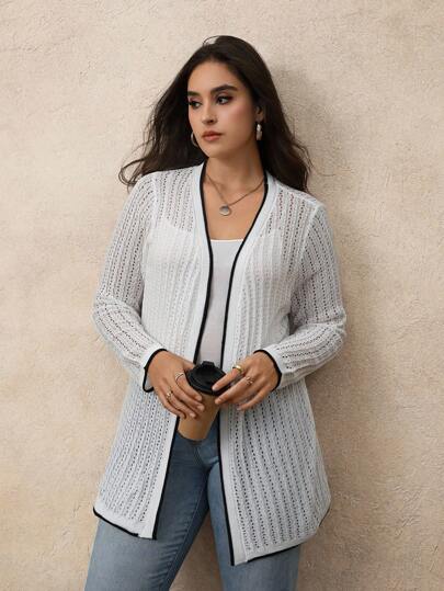 Juhart Plus Size Contrast Color Trim Round Neck Long Sleeve Casual Versatile Sheer Hollow Out Cardigan Fall Winter Cloth For Women Autumn