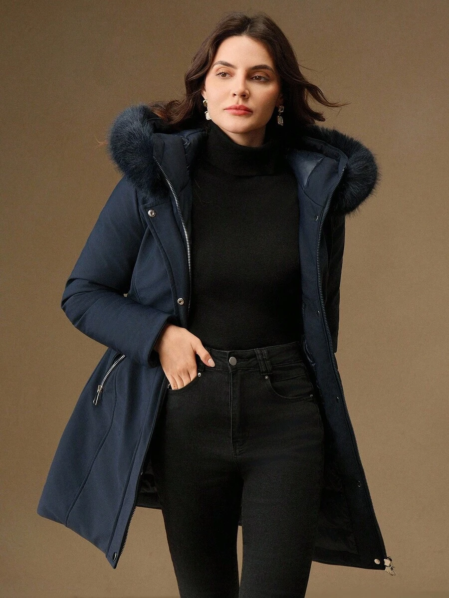 Anewsta Women's Mid-Length Cinched Waist Hooded Zip-Up Padded Coat