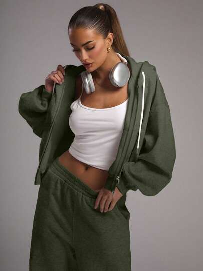 EURMUSE Double Zip Through Hoodie Long Sleeve Sweatshirt