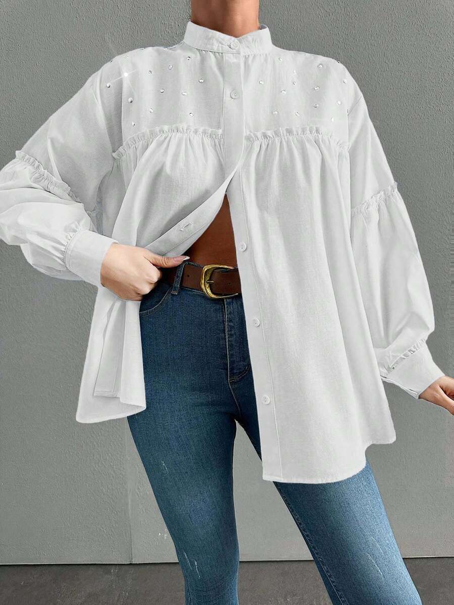 100% 纯棉女士优雅纯色立领灯笼袖衬衫，荷叶边饰边，水钻装饰和褶皱，春夏季 - 白色 - 查看 1