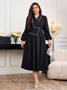 Modelyn Plus Size Color Block Wrap Around Puff Sleeve Elegant Fashion Dress - Black and White - View 3