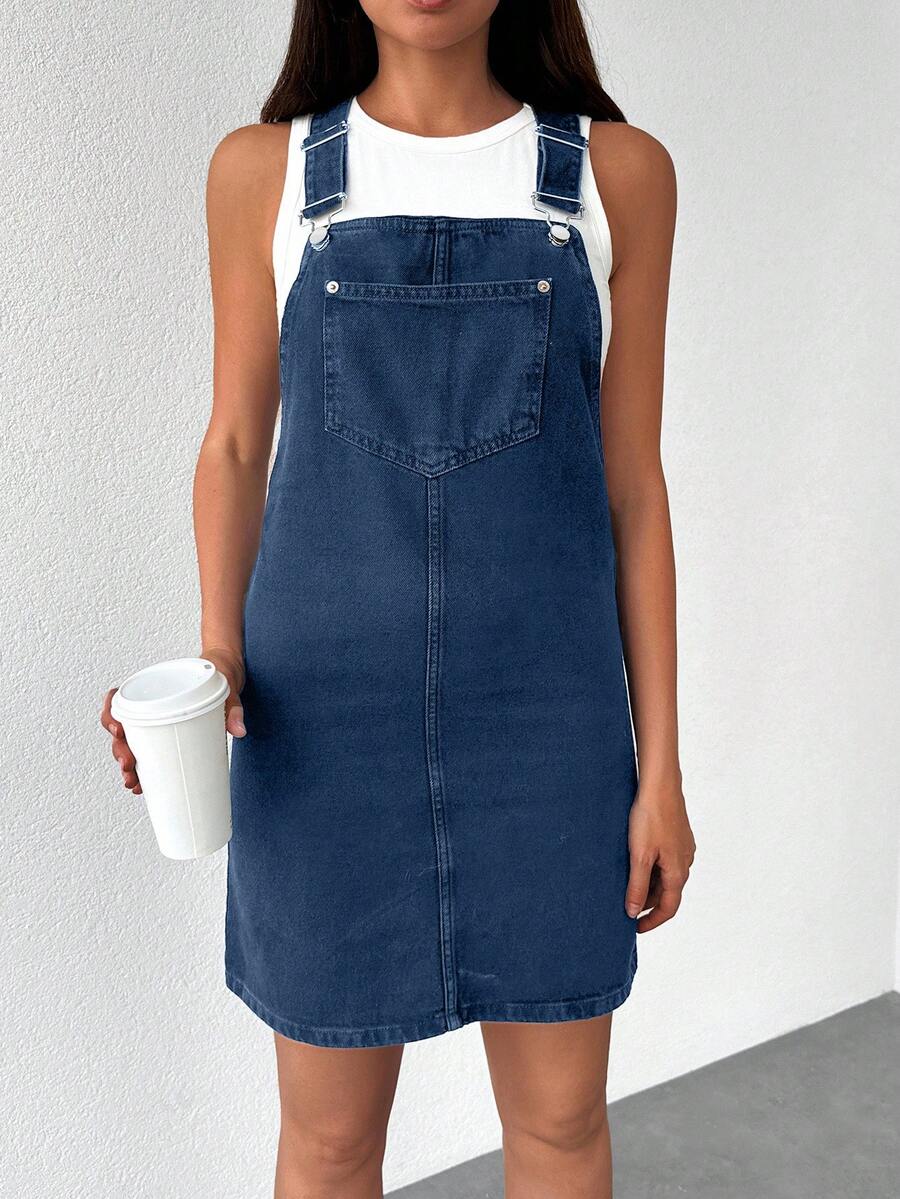 EURMUSE 女式休闲宽松口袋设计牛仔连衣裙 - 深色水洗藍 - 查看 1