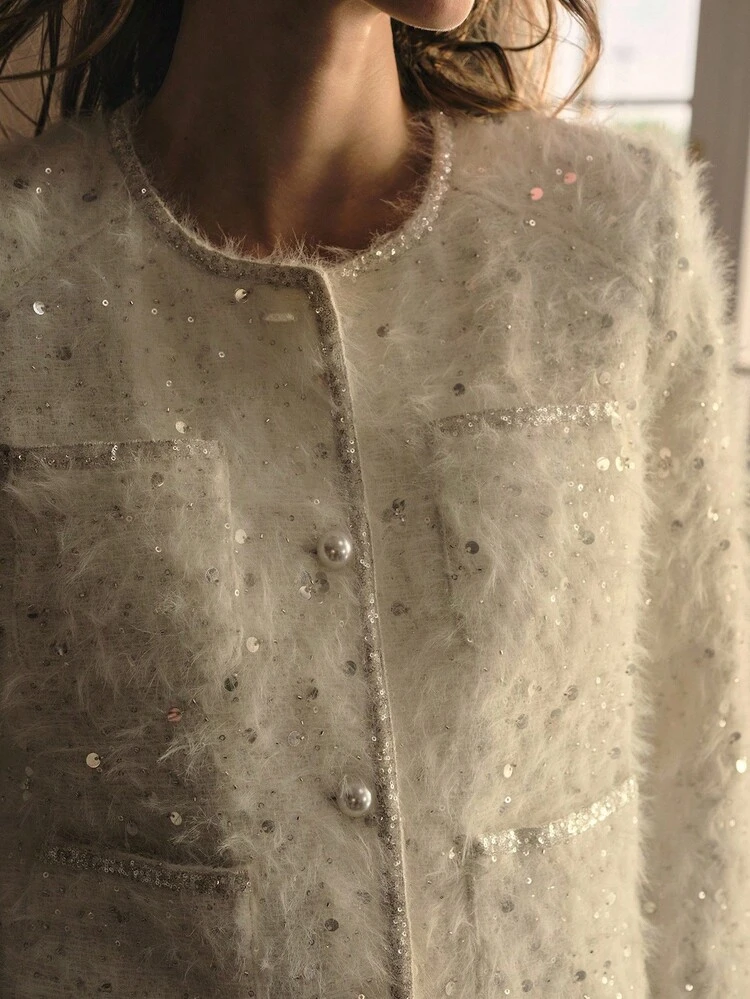 CONTRAST SEQUIN BUTTON UP OVERCOAT