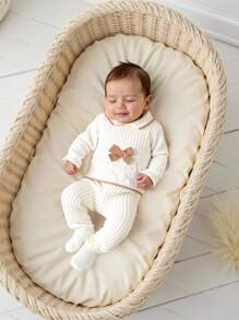 2 件套女婴针织毛衣和裤子套装，长袖，蝴蝶结装饰，象牙白，柔软面料，适合日常、户外、旅行、度假、居家、日托、儿童玩耍 - 白色 - 查看 3