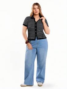 Solavibe 女式条纹翻领短袖前结短款开衫 - 黑與白 - 查看 2