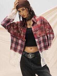 Easelle Damen Karohemd mit Kontrast-Spitze, Langarm, Knopfleiste, Lässig - Mokka-Braun - Übersicht 5