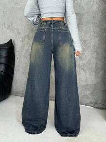 SHEIN PETITE CURVE Calça jeans feminina plus size, cintura assimétrica, vintage, azul, solta, reta - Lavagem escura - Ver 2
