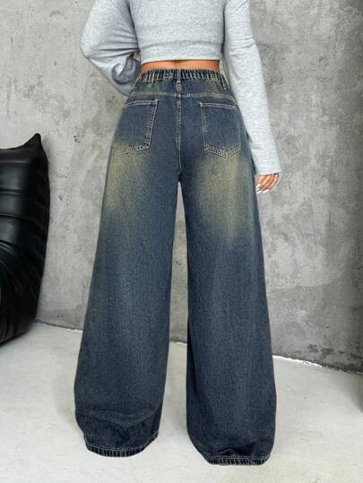 SHEIN PETITE CURVE Plus Size Women's Asymmetrical Waist Vintage Blue Loose Straight Jeans Y2k Low Rise Cross Over Wide Leg Baggy Jeans,Fall Clothes For Women