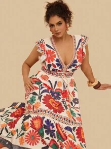 SHEIN VCAY Robe maxi à manches volantées avec imprimé floral tropical, col en V et lien à la taille, pour grandes tailles. Convient pour les vacances, les fêtes, la rentrée, les sorties, le printemps/été/automne - Multicolore - Voir 1