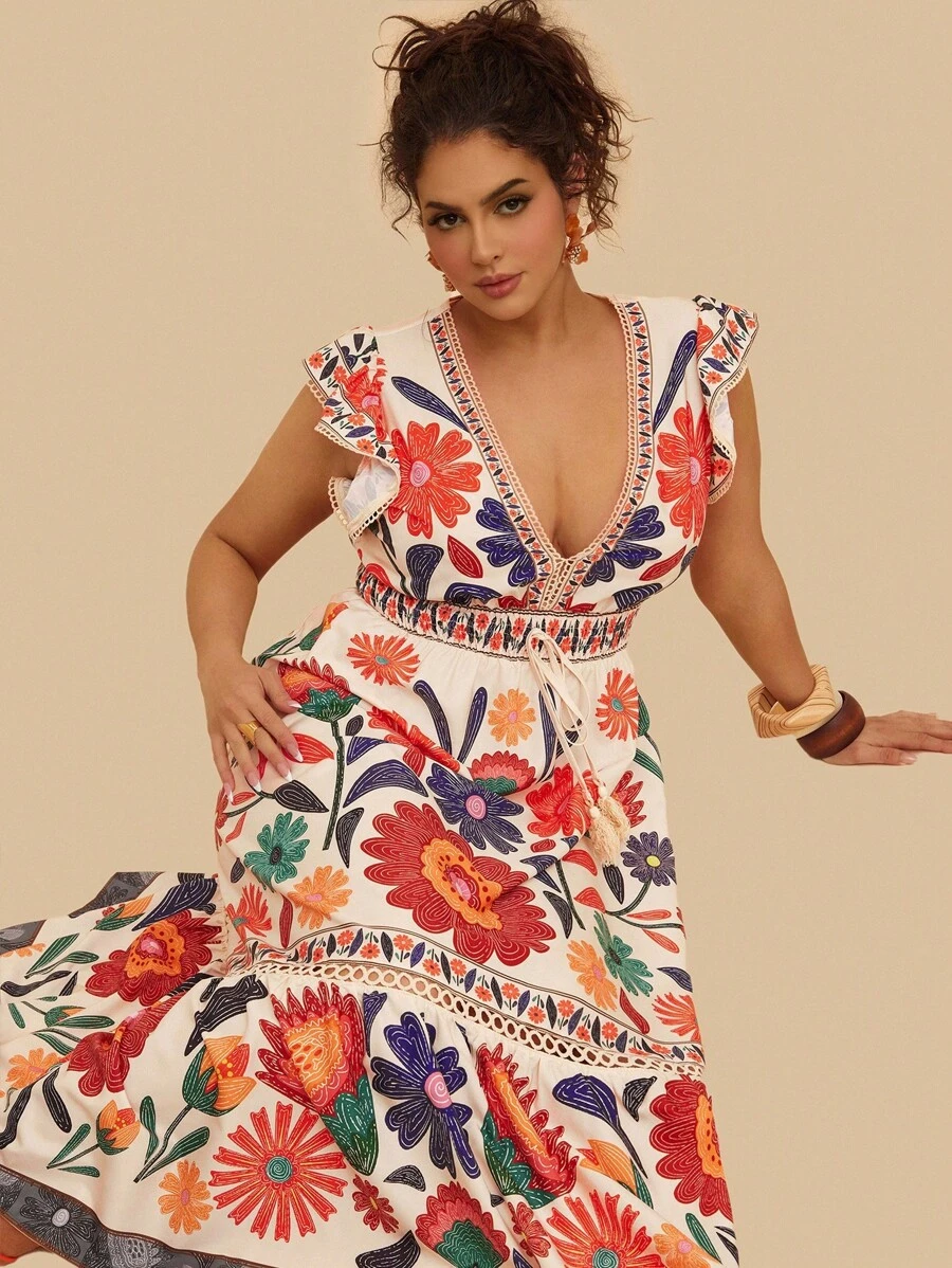 SHEIN VCAY Robe maxi à manches volantées avec imprimé floral tropical, col en V et lien à la taille, pour grandes tailles. Convient pour les vacances, les fêtes, la rentrée, les sorties, le printemps/été/automne - Multicolore - Voir 1