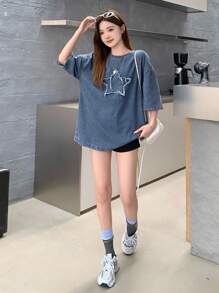 SHEIN 少女 Y2k 上衣 2000 年代风格宽松大码牛仔上衣，圆领，落肩，五角星磨损设计，垃圾朋克服装，女孩秋冬返校返校节服装套装，纽扣后背牛仔衬衫