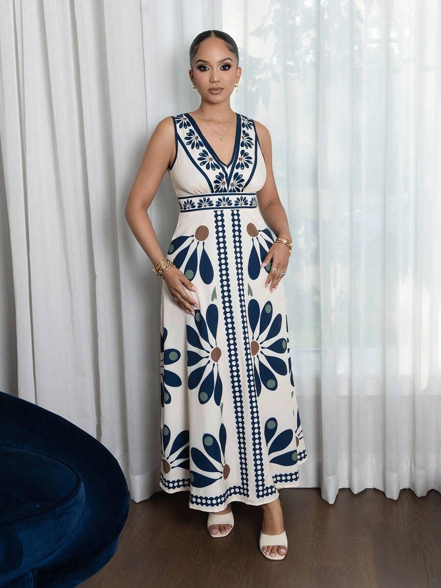 Melissa Matos Vestido sem mangas com estampa floral e decote em V para mulheres, férias