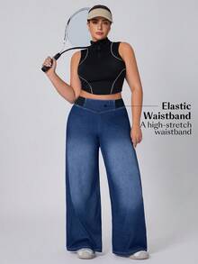 Flexra Plus Size Casual Washed High Waist Wide Leg Jeans - Dark Wash - View 3