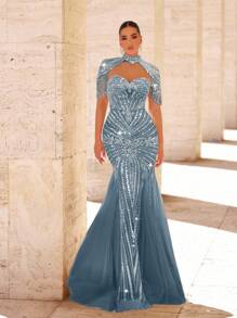 Glamrae 优雅奢华串珠亮片网眼美人鱼连衣裙，流苏袖设计，适合婚礼、派对、度假、庆典、晚会正式穿着（重度装饰）