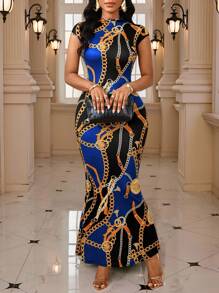 SHEIN Lady Vestido midi elegante y ajustado con volantes y estampado de cadena para mujer