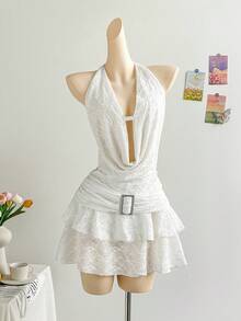 Soleia Spring & Summer Vacation Sexy Halter Draped Neck Backless Tie Strap Double-Layered Hem Metal Buckle Accent Women Mini Dress, Suitable For Music Festivals, Boho, Holidays, Dates, Cruises, Beach - White - View 5