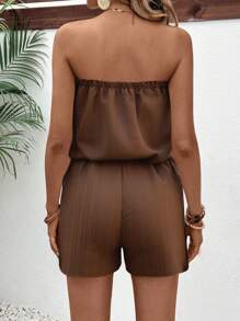 Breezaya 2pcs Vacation Casual Solid Color Bandeau Top And Shorts Set - Chocolate Brown - View 2