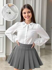 Áo sơ mi trơn màu đơn giản, ve áo đơn hàng khuy thông thường dành cho bé gái tuổi mới lớn - trắng - Xem 8